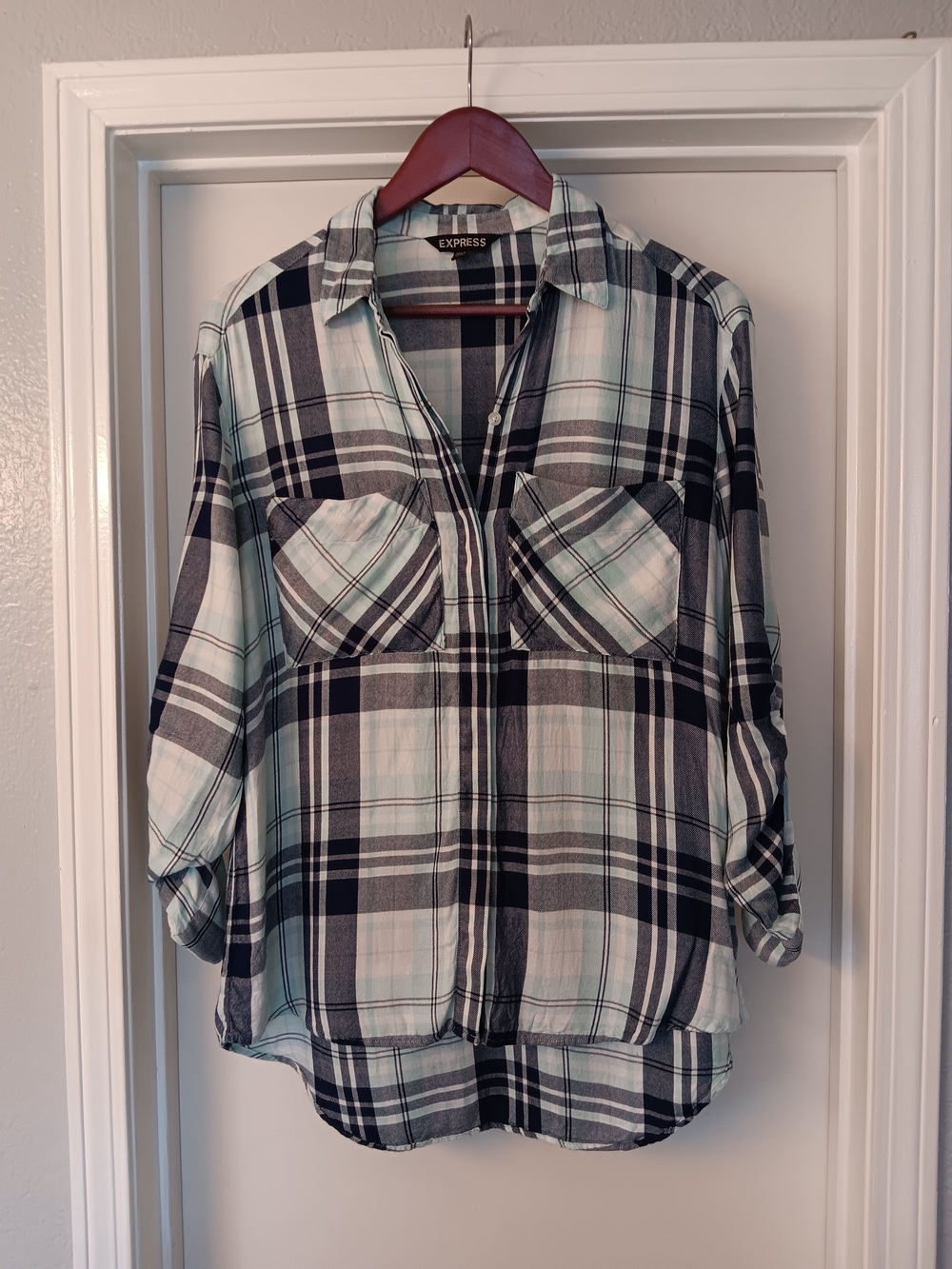 Express Women's Soft Flannel Shirt in Mint Green and Blue Plaid